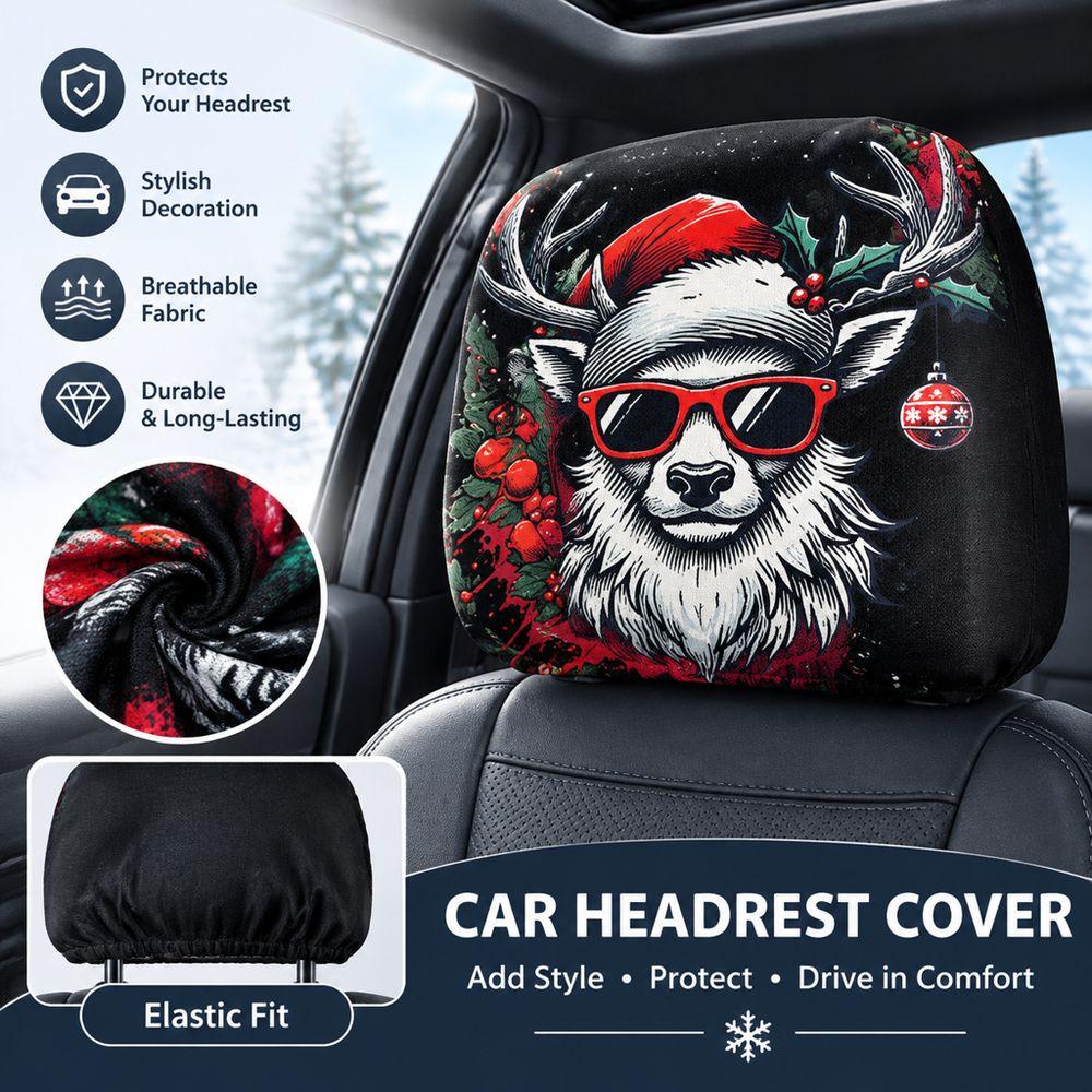 2PCS Santa Claus Print Car Seat Headrest Cover Auto Headrest Cover Set Car Interior Decoration