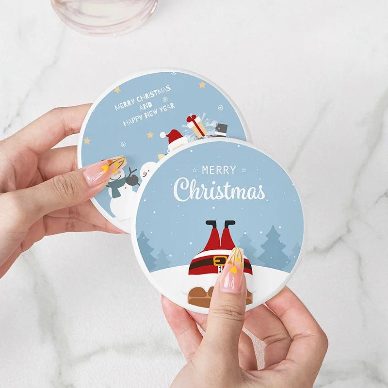 Christmas Diatomite Coasters High Value Creative Cartoon Snowman Heat Insulation Water Absorption Anti-scald Mats Home Coaster