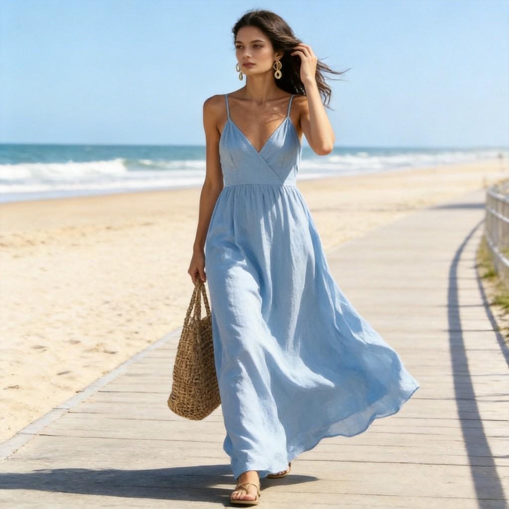 Polyester V Neck Sleeveless Dress With Pockets For Summer Casual And Beach Wear