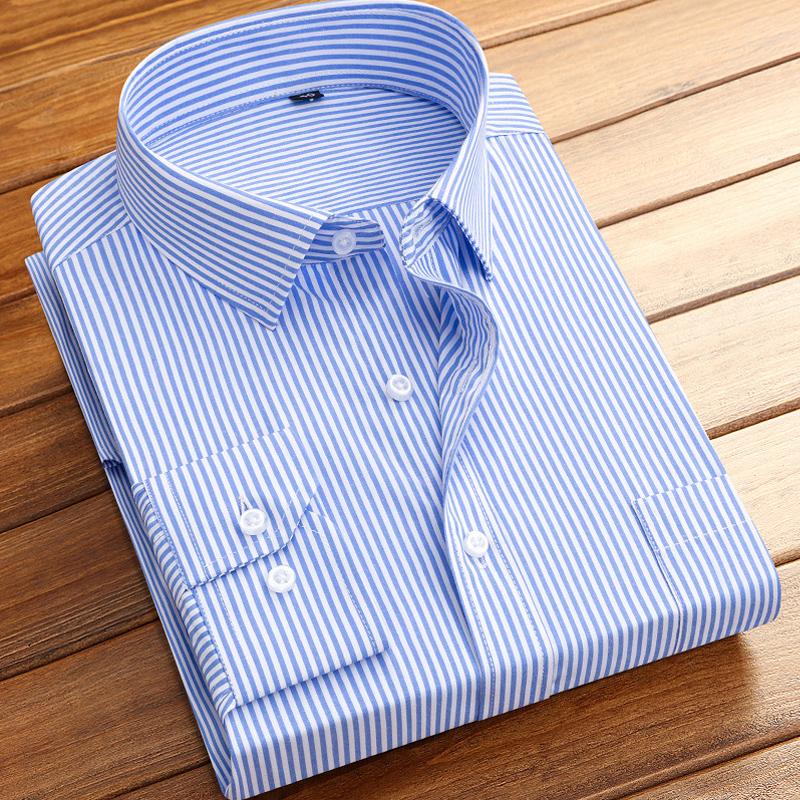Camisas de Vestir Básicas de Algodón para Hombre de Manga Larga Clásicas a Rayas con un Bolsillo de Parche Ajuste Estándar Formal de Negocios Camisa Social de Oficina