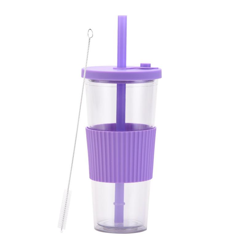 2025 Large Capacity Double Layer Plastic Cup Large Hole Straw Pearl Boba Milk Tea Cup Portable Outdoor Straw Cup