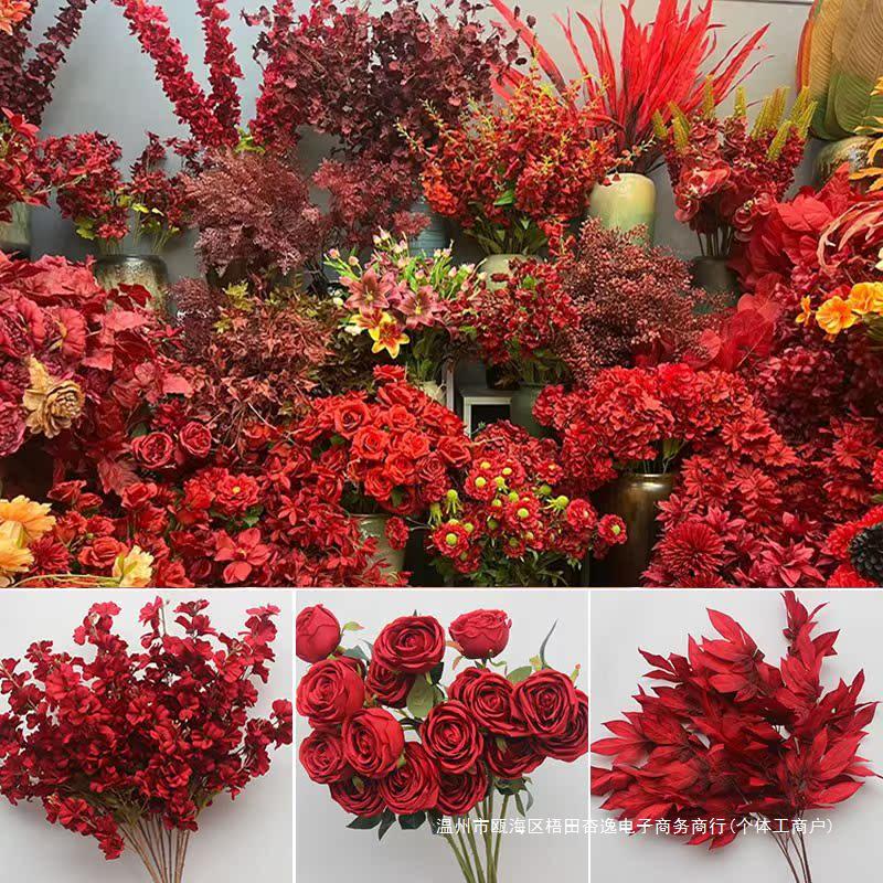10-Piece Burgundy Floral Décor Set: Red-Toned Artificial Flowers, Mat, Aisle Runner, Wedding Decoration