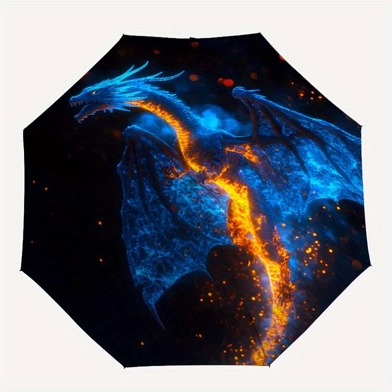 1pc Blue Dragon with Fiery Trail Soaring Through Starry Night Sky Durable Cartoon Folding Umbrella, Portable 3-Fold Compact Umbrella for Men and Women