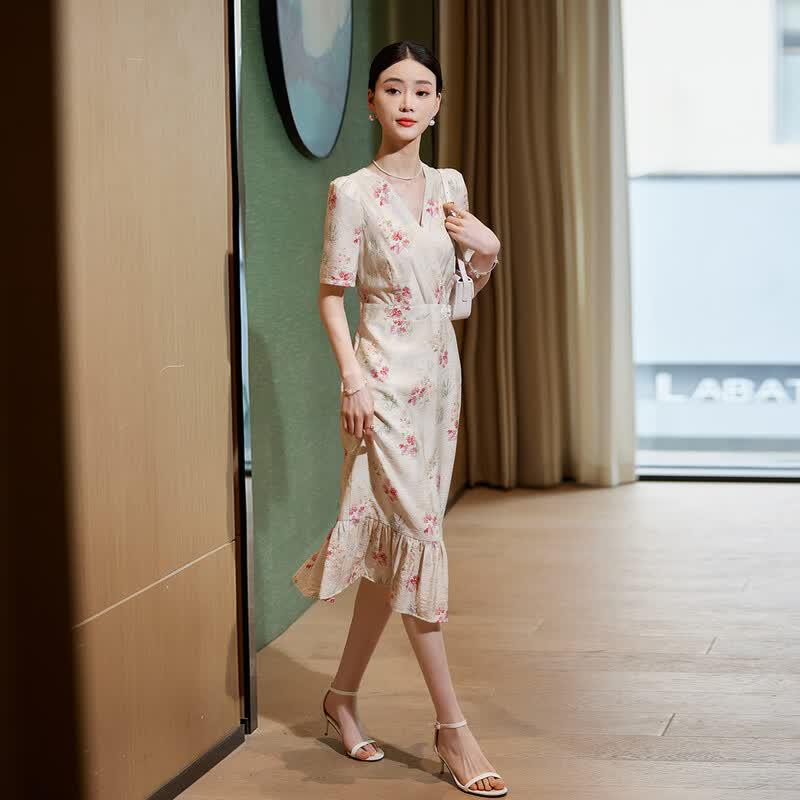 Elegant French Style Fishtail Midi Dress M