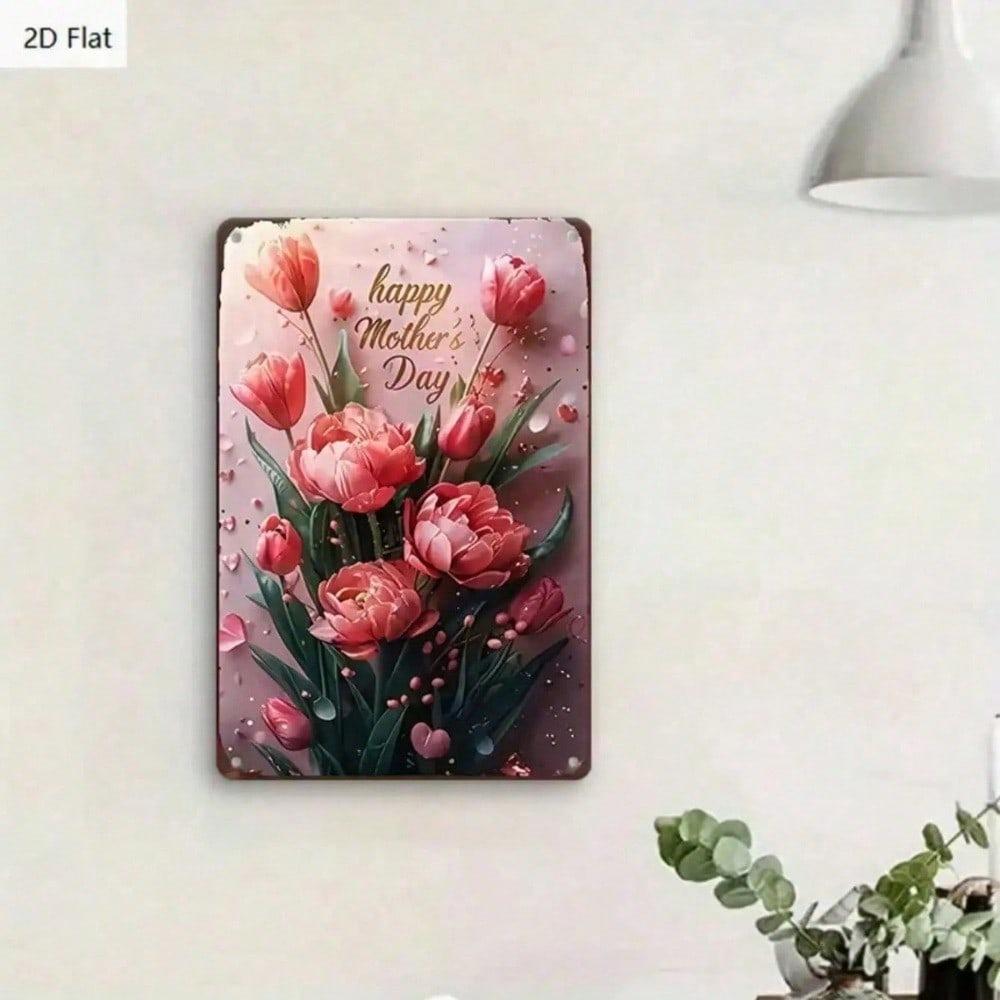 Pink Tulip Floral Tin Sign Rustic Farmhouse Wall Decor Mother's Day Gift 8x12in