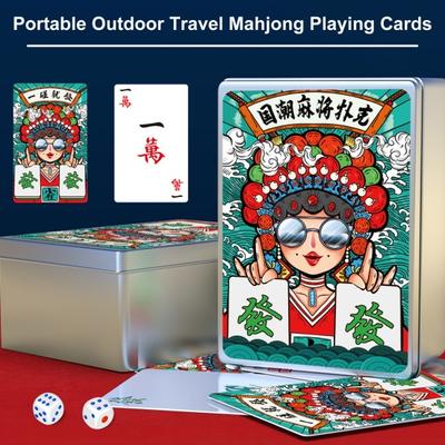 1 Set Mahjong Playing Card with Dice Chinese Traditional Opera Print Waterproof Portable Mini Paper Mah Jongg Poker Card Travel Family Card Game