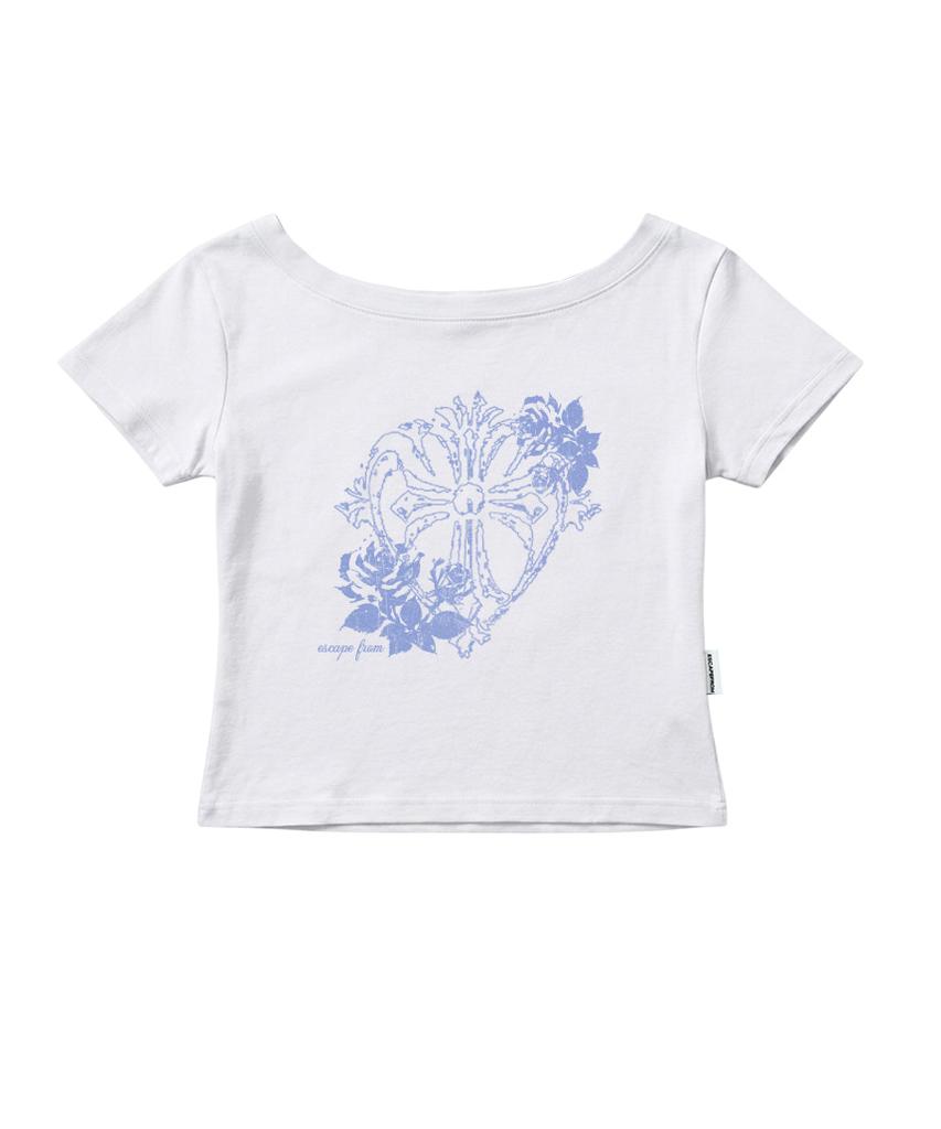 ESCAPEFROM Rose Cross Print Boat Neck Slim Fit Short Sleeve T-Shirt [7 Colors]