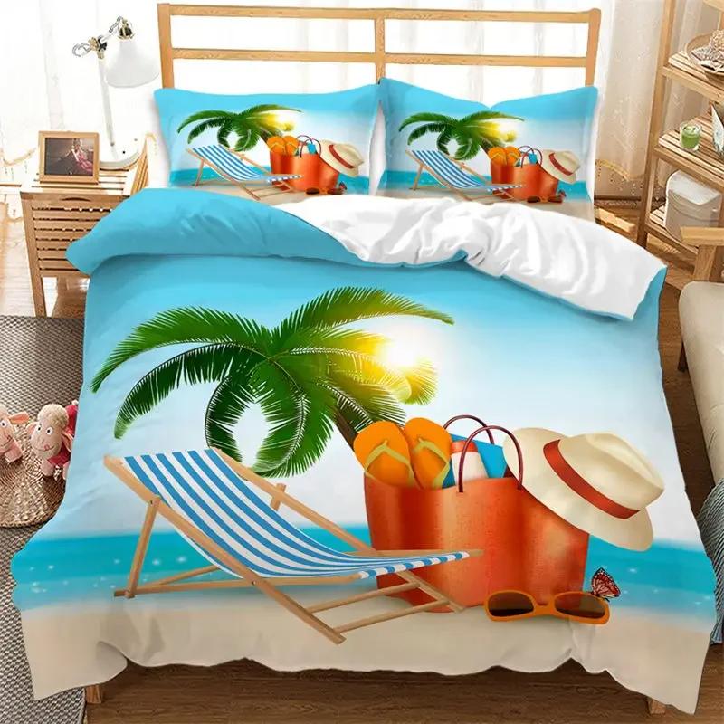 Comforter Summer Beach Hawaiian Vacation Style Seashell Starfish Bedding Set Microfiber Tropical Landscape Queen
