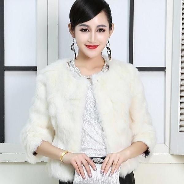 Lady Real Genuine Rabbit Fur 3/4 Sleeve Outwear Winter Warm Jacket Furry Coat