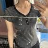 Contrasting striped v-neck front shoulder short-sleeved t-shirt women's summer new Spice Girl slim and thin waist short temperament top