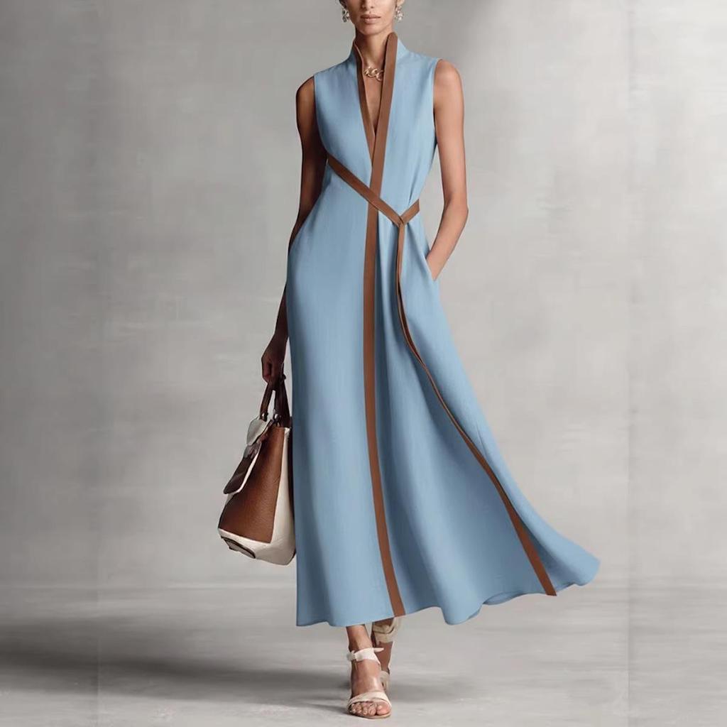 2026 Women's Color Block Sleeveless Stand Collar Cotton Linen Dress