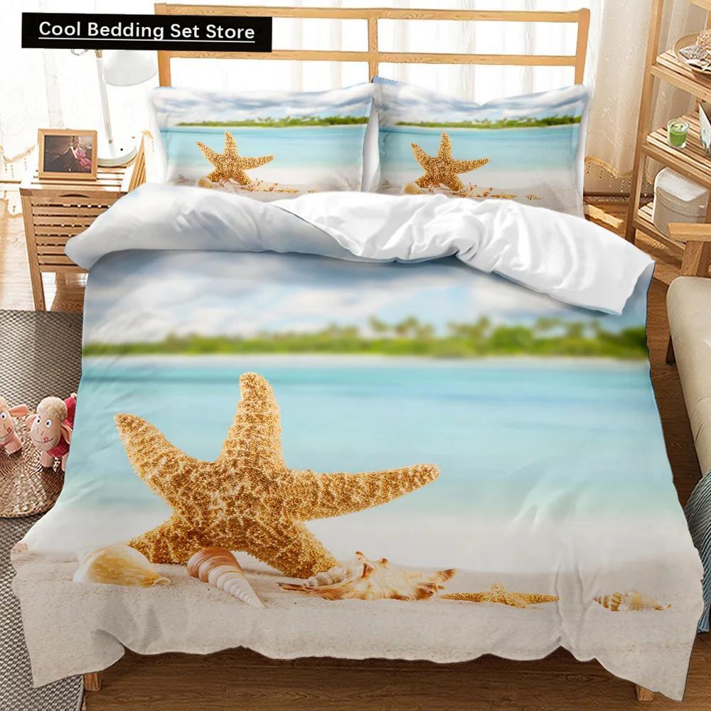 Beach Duvet Cover Set Summer Ocean Bedding Set Hawaiian Marine Sea Waves 3D Print Starfish Polyester Comforter Cover Queen King