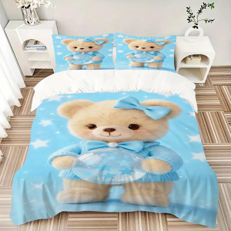 3pcs Anime Cartoon Design Teddy Bear Bedding Set - Includes One Quilt Cover and Two Pillowcases (No Core) - Perfect for Bedroom and Guest Ro