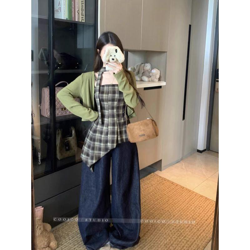 Kumikumi Sweet and Spicy Wind Suit Pure Color Cardigan Outwear Female Autumn Asymmetrical Plaid Camisole Two-piece Set