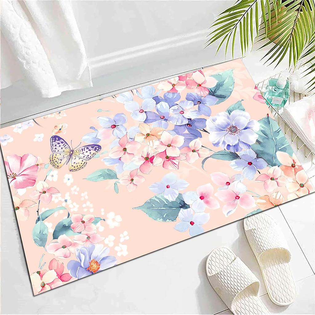 Wild Animal Butterfly Carpet Spring Garden Plant Floral Rug for Bedside Sofa, Botanical Flower Floor Mat Home Entrance Doormat