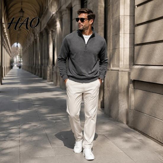 Outdoor Fitness Clothing Mens Quarter Zip Sweatshirt, Stand Collar Athletic Fleece Pullover, Ribbed Hem Cuffs, Casual Streetwear Hoodie Long