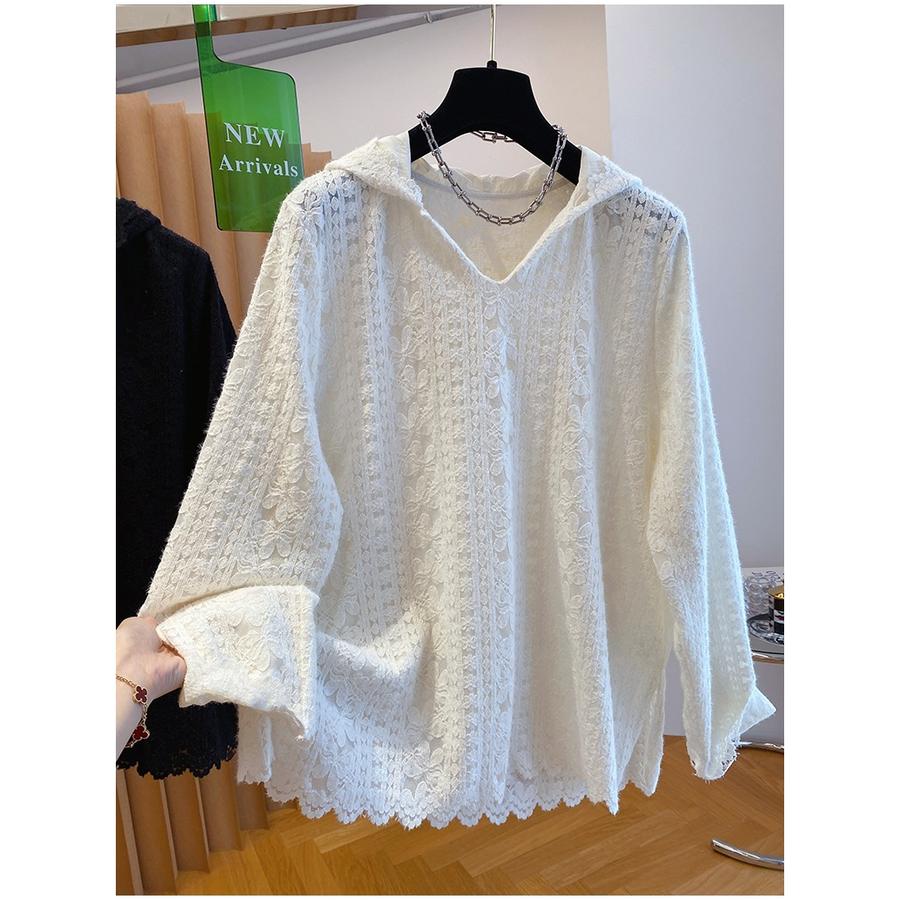 Herbst Neuer Stil Gepufftes Spitzen-Langarm-T-Shirt Damen Locker Kapuze Lässiges Outfit Oberteil