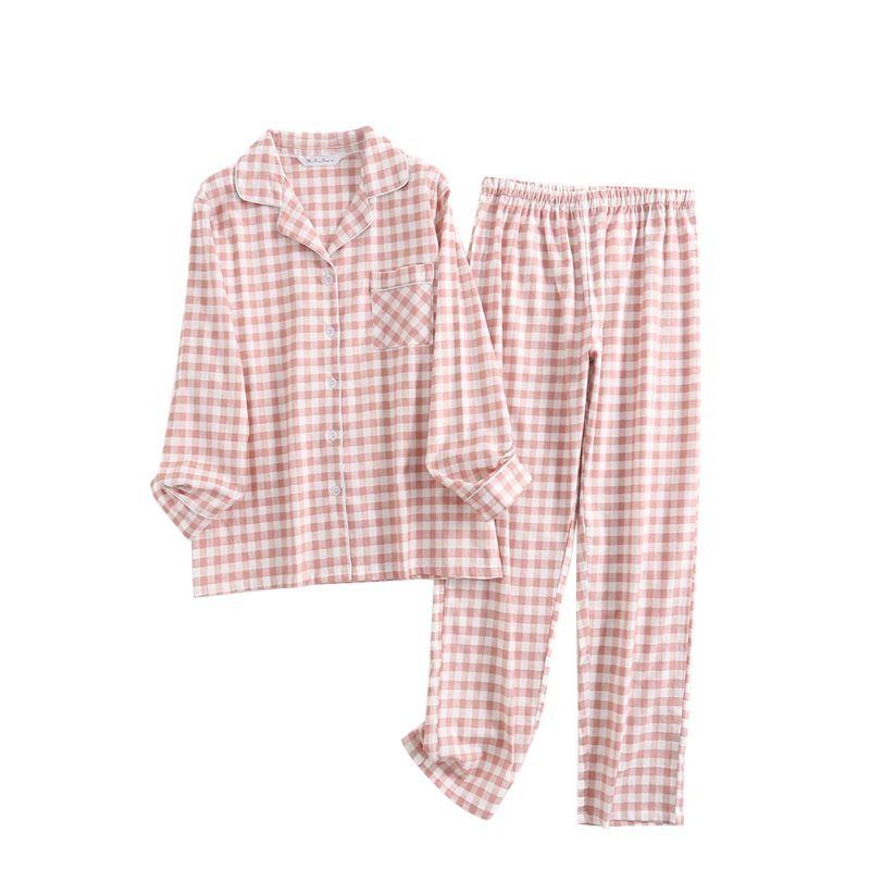 Women Plaid Casual Pajama Set Button Shirt Top and Pants