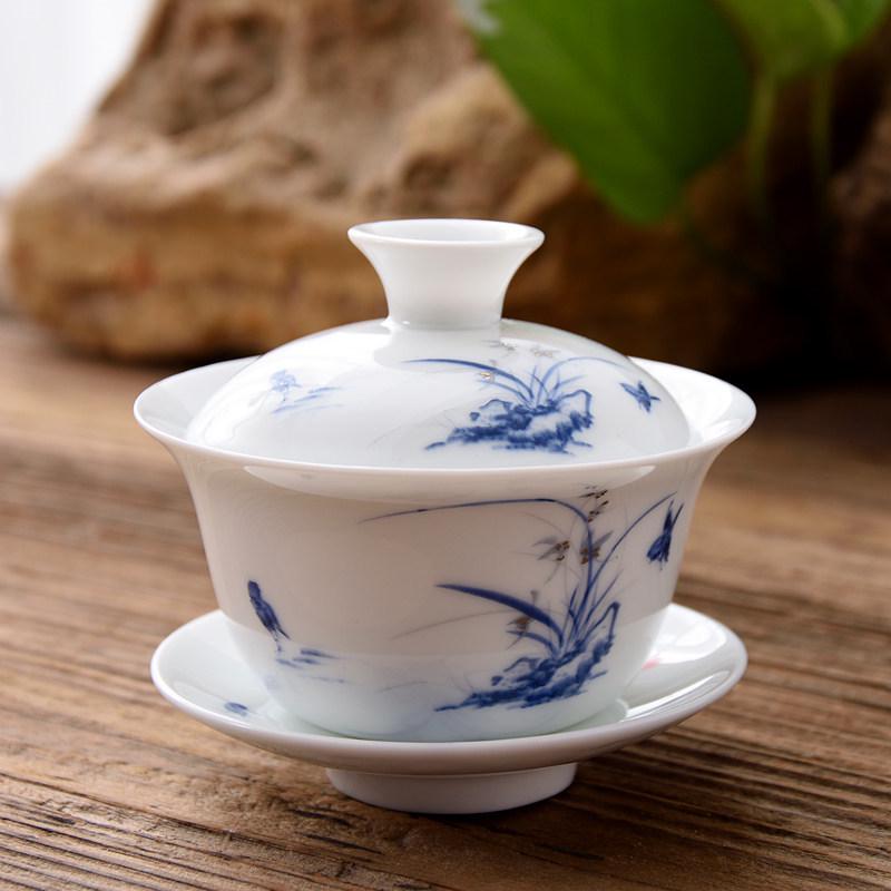 3.4-Inch Blue & White Ceramic Gaiwan Tea Set - 3-Piece, 100ml Capacity