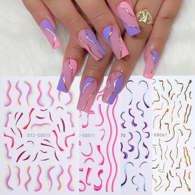 Adesivi per Unghie 3D Oro Rosa Linea Ondulata Astratta Striscia Arcobaleno Grafica Slider Punte Francesi Decorazione Foil per Unghie
