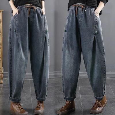 Vintage Style Embroidery Women Denim Pants Loose High Waist Harem Pants Female Autumn Casual Jeans Female