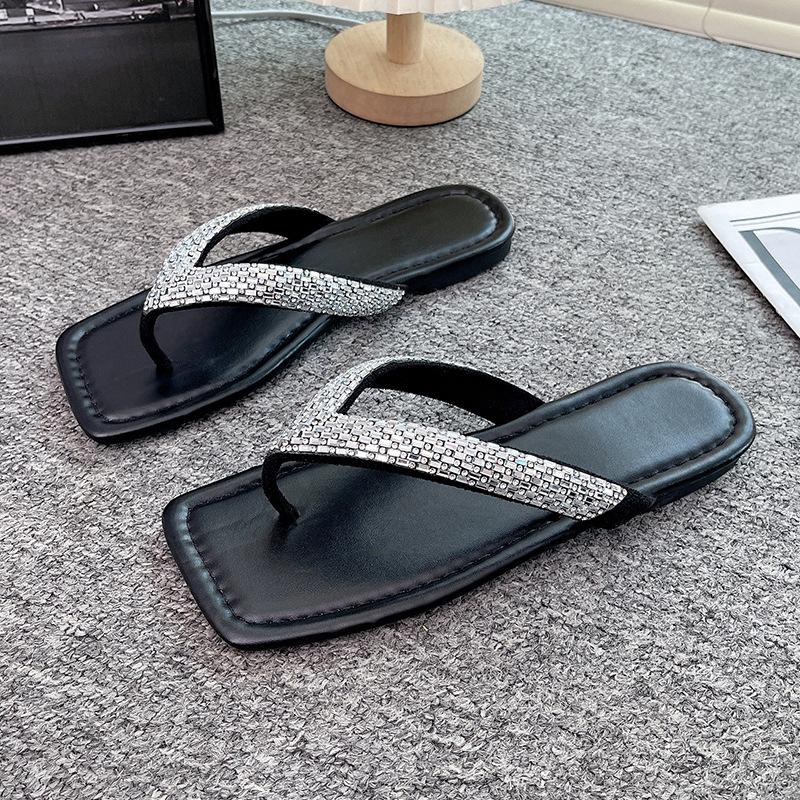

Модные шлепанцы с носком из стразов, женская обувь, шлепанцы с квадратным носком, повседневные, для отпуска, приморские, крутые шлепанцы 43 чёрный