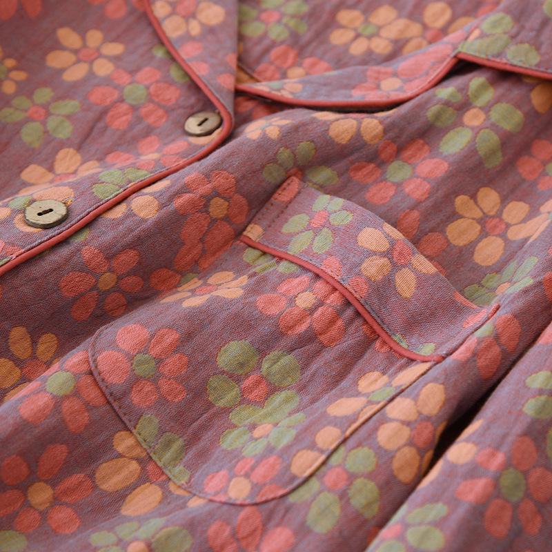 Pijamale de damă cu imprimeu floral etnic - Mânecă lungă, Bumbac pur, Gaze dublu strat, pentru Primăvară și Toamnă - Perfecte pentru femei de vârstă mijlocie și vârstnice.