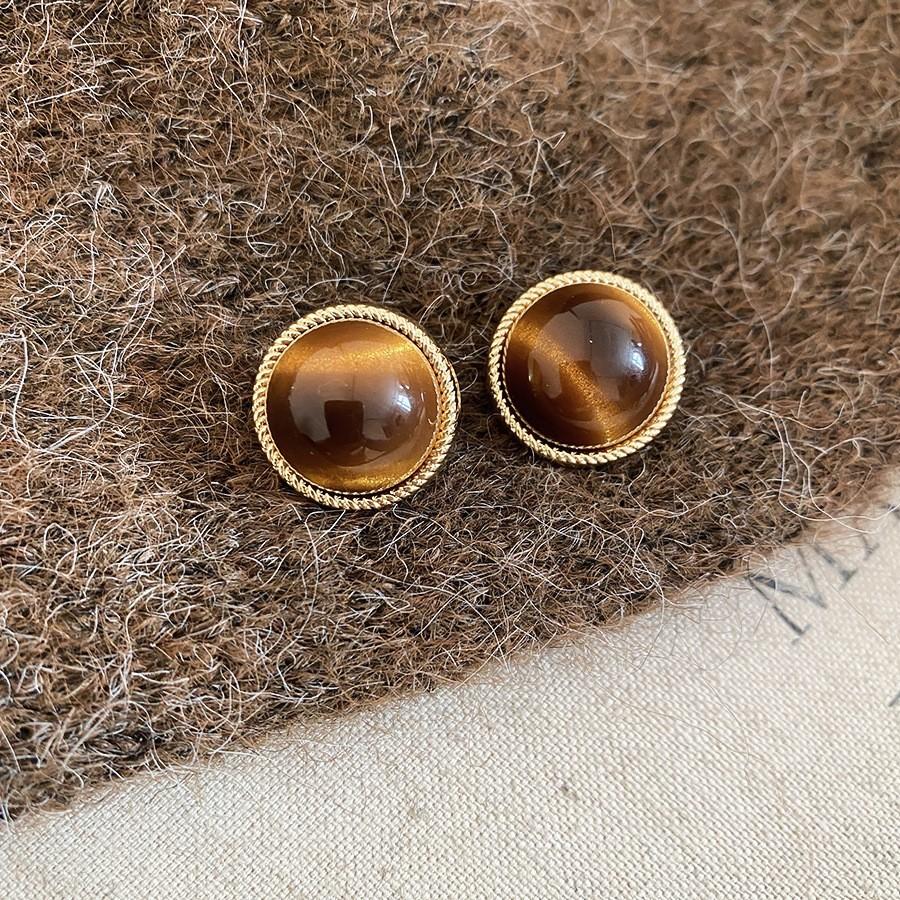 18k real gold electroplated tiger's eye stone geometric stud earrings Maillard temperament earrings earrings women