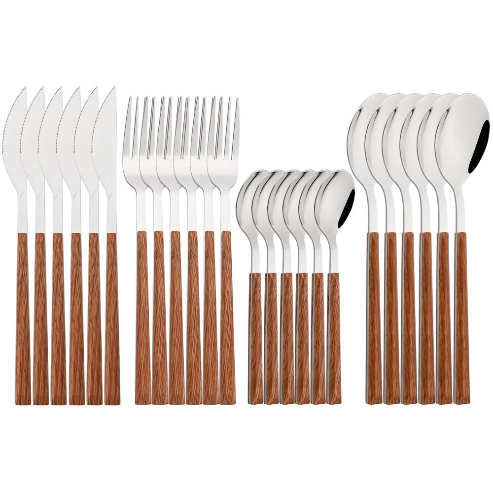 

Набор столовых приборов высокого качества, 24 шт. Нож, вилка, ложка, набор посуды, столовые приборы из нержавеющей стали, креативные столовые приборы с ручками под дерево.