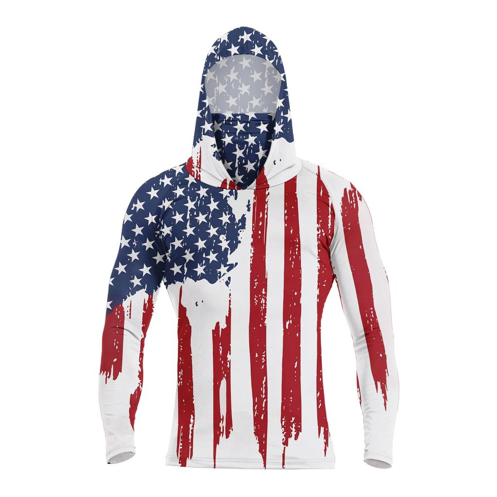 Men's Summer Casual Long Sleeve Hoodie Quick Dry Flag Print Sun Protection Shirt Fishing Fitness Sports Outdoor Wear
