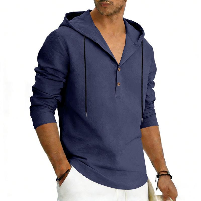 Men's Plus Size Linen Long Sleeve Hoodie, Casual Color Pullover