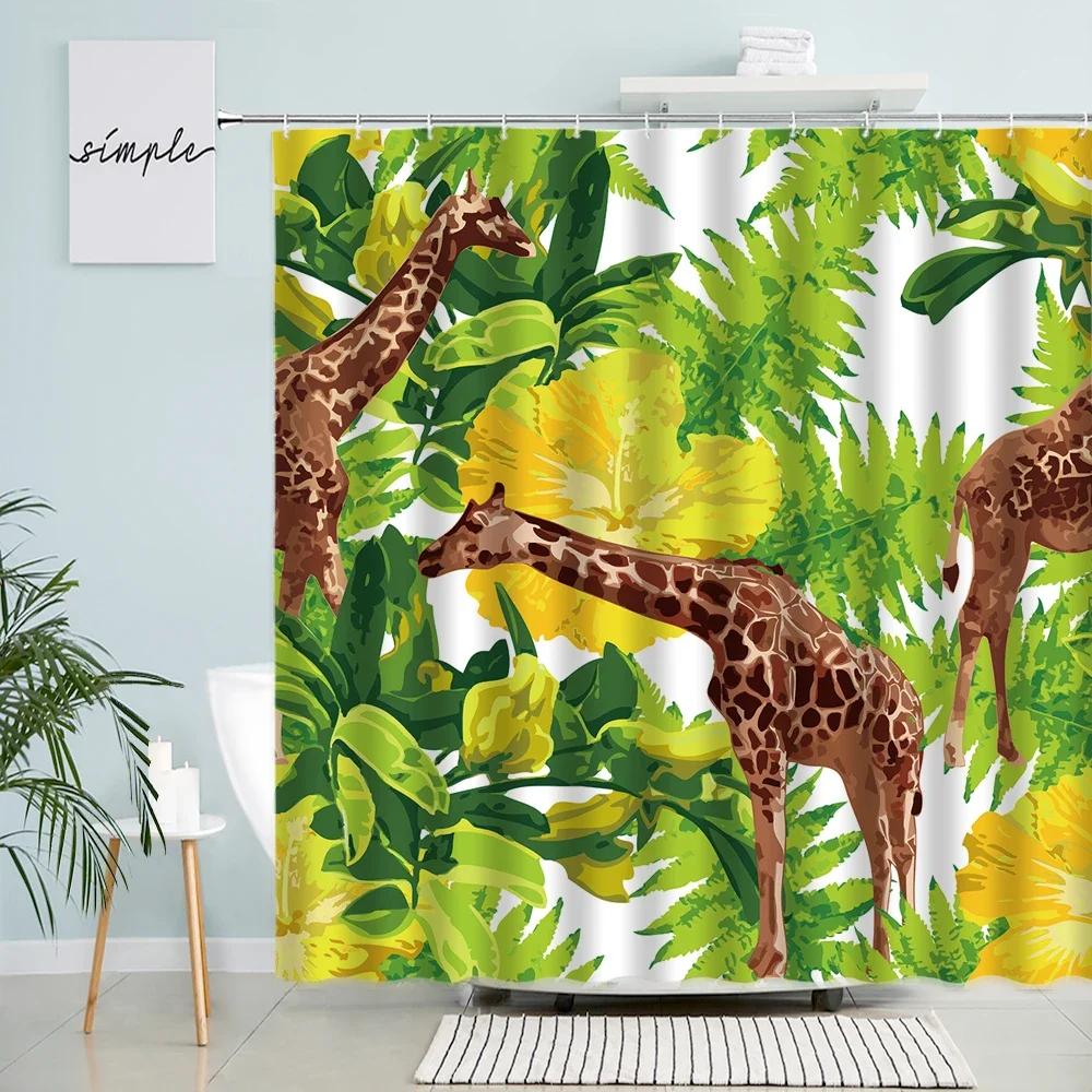 Roliga Giraffduschdraperier Afrikanska Vilda Djur Modern Nordisk Minimalistisk Tyg Barnbadrumsdraperi Dekor med Krokar