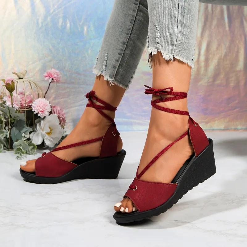 Ladies Shoes 2025 Brand Peep Toe Women's Sandals Hot Sale Lace-up New Casual Plus Size Summer Concise Best Seller Wedge Sandals