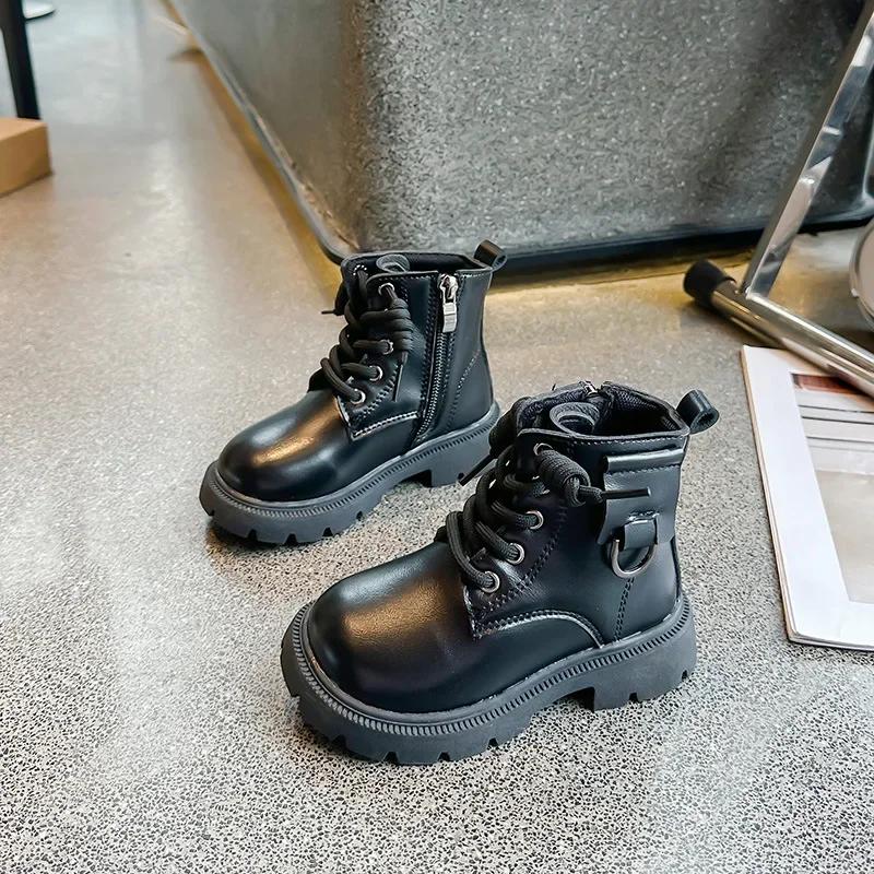 Boys Girls Ankle Boots Handsome Casual Kids Short Boots with Side Zipper 2024 New Children Leather Boots with Metal Decoration