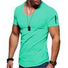 Summer Men's V-Neck T Shirt Fashion Cotton Elasticity Short Sleeve Tops Tee with One Zip Pocket
