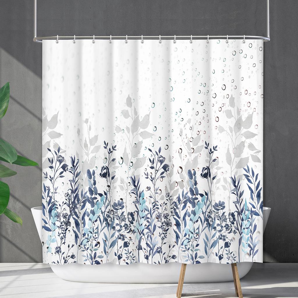 Bathroom Curtain Waterproof Shower Curtain Digital Printing Water Droplets Plant Diffuse Non-Punching Toilet Partition Curtain Shower Cloth