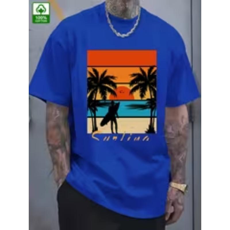 Men s summer cotton T-shirt with vibrant surf and palm tree graphic print - S
