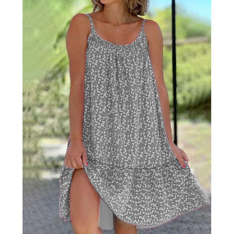 2025 Summer New Amazon Wish European and American Foreign Trade Hot-Selling Large Floral Print Sleeveless Strap Dress Gray XL