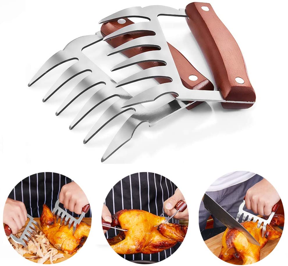 BBQ Accessories 2pcs BBQ Fork Claws Meat Shredder Heat Resistant Stainless Steel Meat Claws for Shredding Meat with Wood Handle
