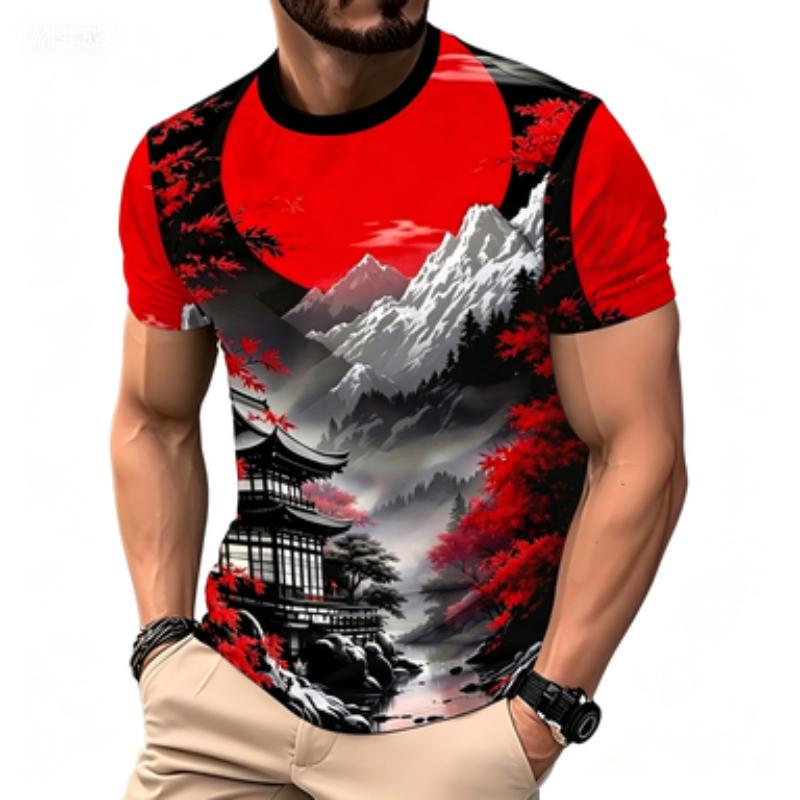 Men's Themed 3D Printed Cherry Blossom and Mount Fuji Asian Style Design Breathable Round Neck Casual Summer T-shirt