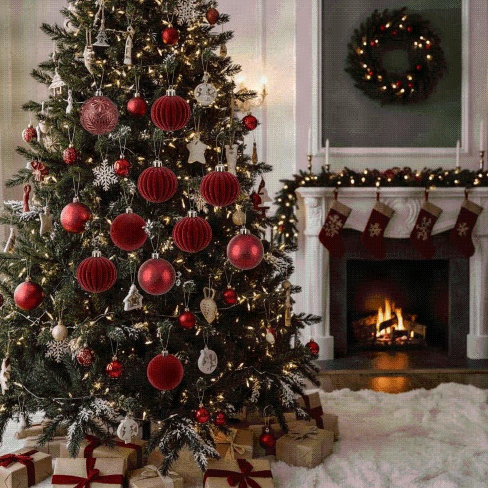 Spherical Flocked Baubles Electroplated Velvet Balls Xmas Decor Tree Pendants  Fireplace