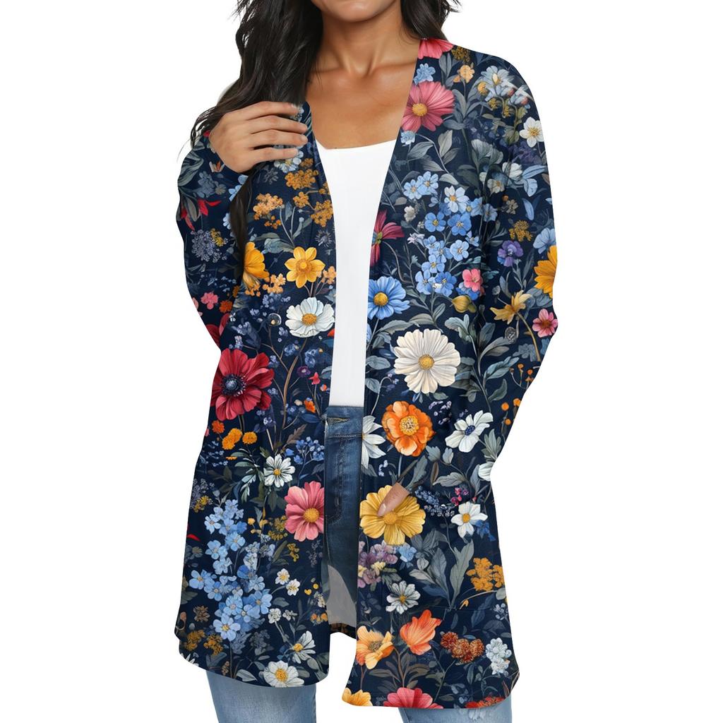 Women's Fashion Casual Retro Floral Print Mid-Length Cardigan Jacket