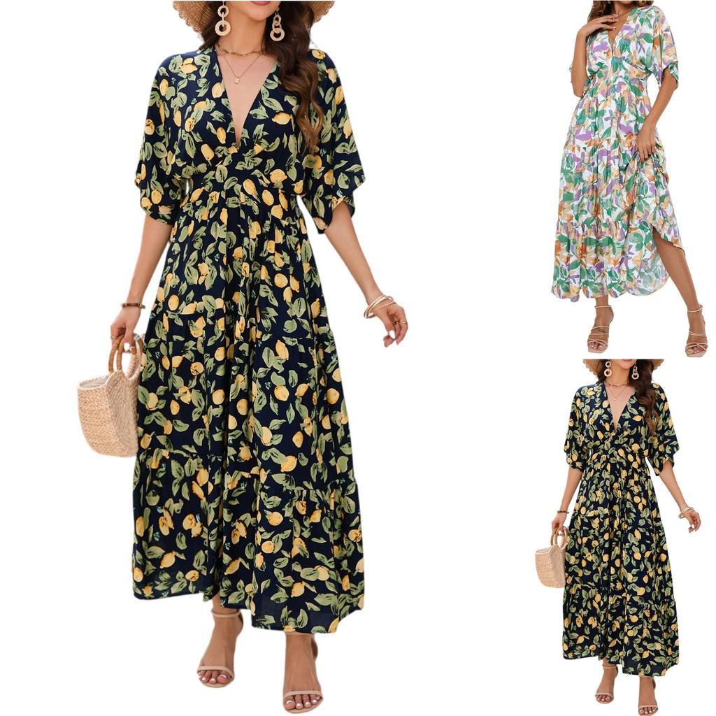 Women's Casual And Fashionable Deep V-Waist Dress, Seaside Beach Vacation Dress