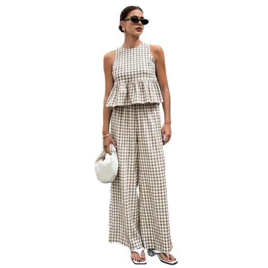 

Women Tank Top Pants Two-Piece Set Summer Plaid Sleeveless Ruffle T-shirt Wide Legs Trousers Loose Casual O-Neck Shirt Elastic Waist Trousers M кофейный