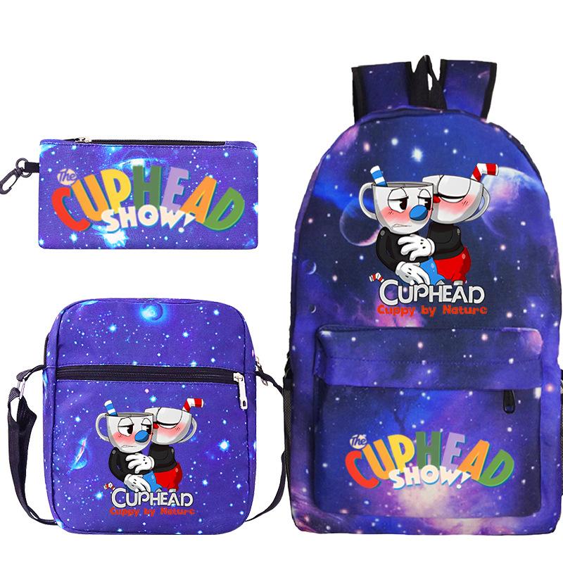 Cartoon Teacup Head Cuphead Student School Bag Backpack Three-piece Set Children's Shoulder Bag Pencil Bag