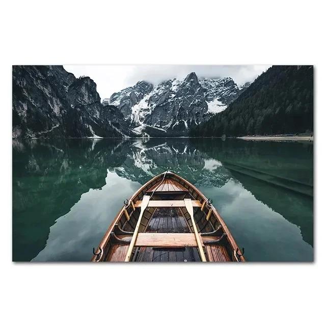 Nordic Natural Landscape Canvas Print Posters Animal Cow Deer Lake Snow Mountain Forest Railway Wall Art Decor Pictu