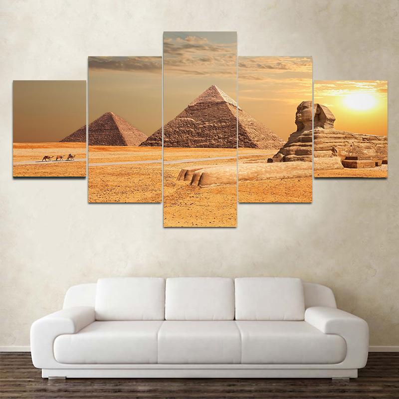 5 Stück Ägypten Pyramide und Sphinx Modulare Leinwand Malerei Landschaft Poster und Drucke Bilder für Wohnzimmer Dekor kein Rahmen