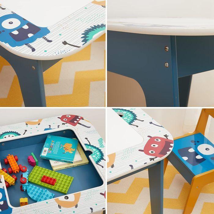GINGER HOME Kindertisch umkehrbar mit 2 Stühlen – Doppelseitige Tischplatte, Kompatibel mit LEGO-Steinen, Mal- & MONSTER Aktivitäten