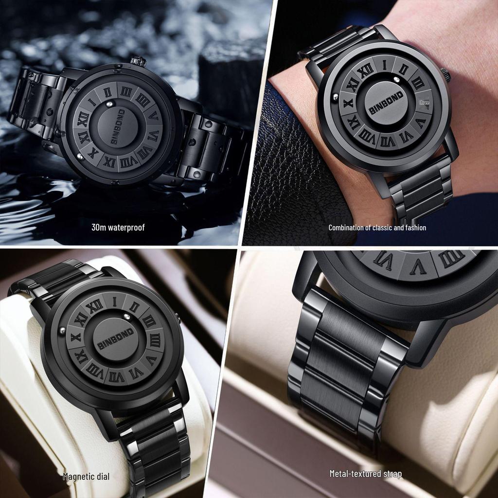 Binbang Men's Black Tech Magnetic Levitation Waterproof Watch - New Concept, Creative Design