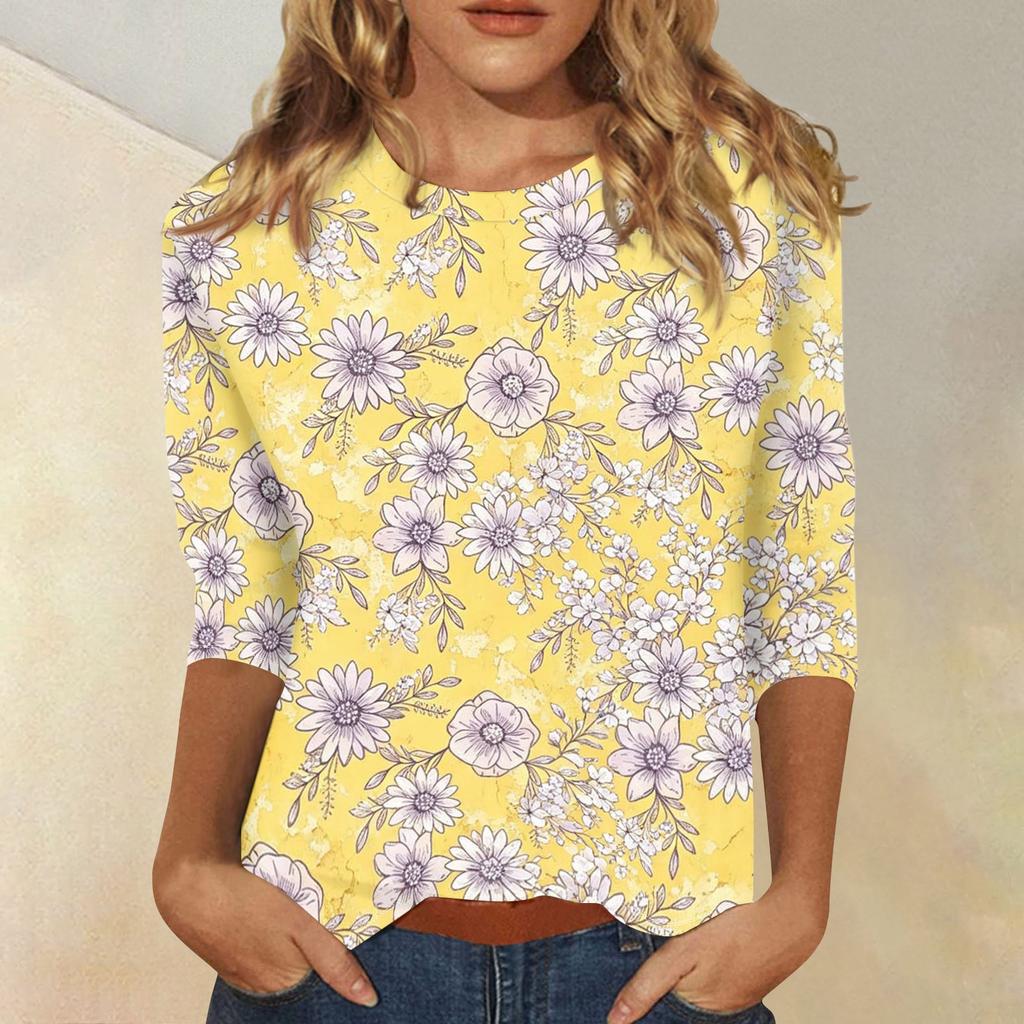 Women's Casual Floral Print Round Neck Top with Three Quarter Sleeves Loose Fit Comfortable Lightweight Blouse for Spring Summer